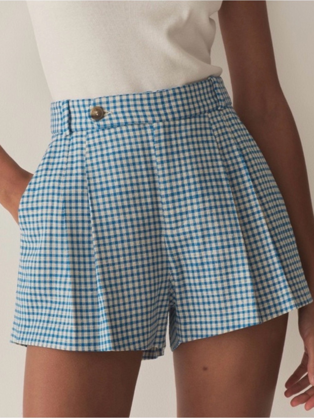Doen Blue and White Gingham Pleated High-Waist Shorts